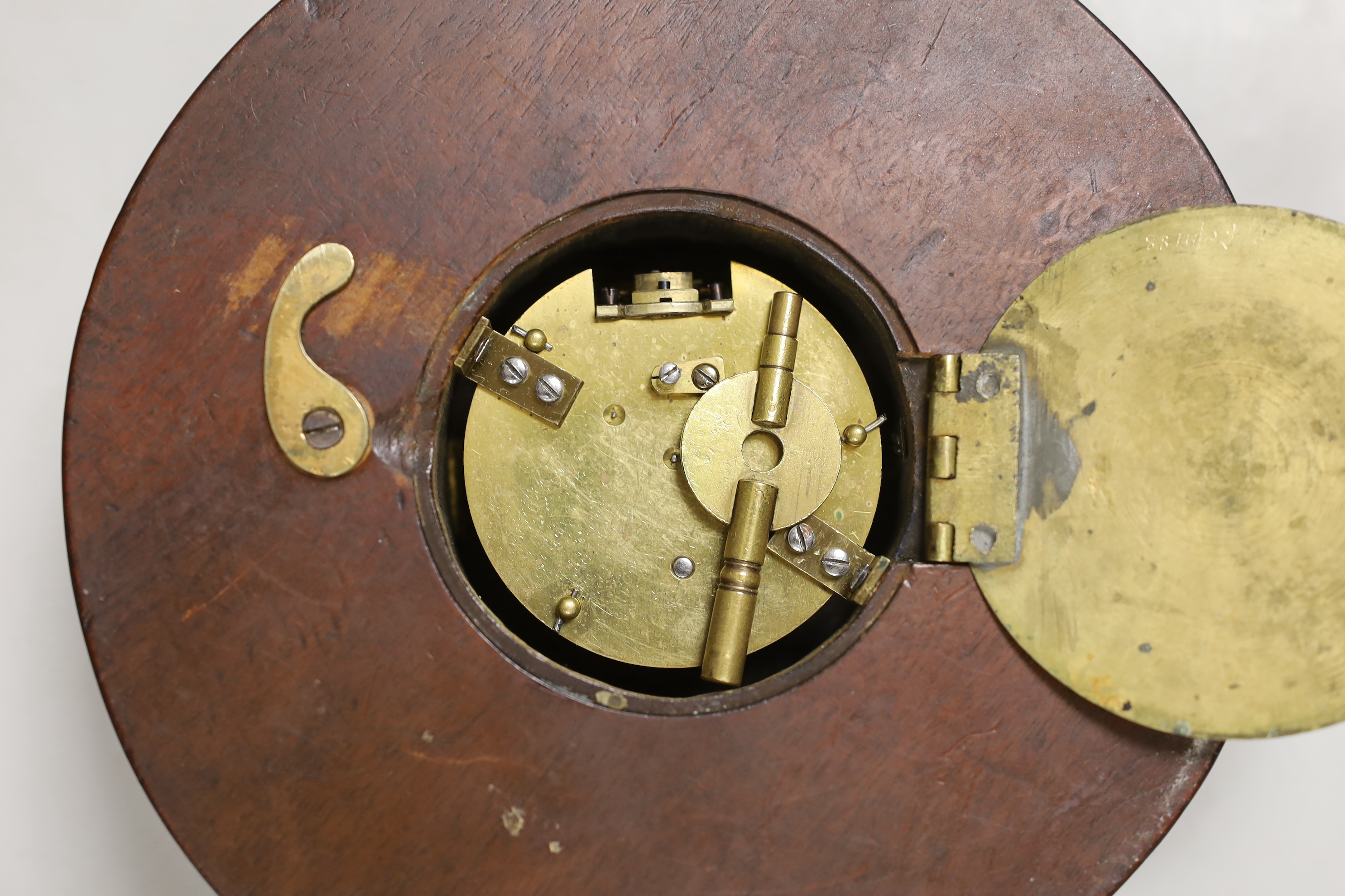 A late George III chequer inlaid mahogany Sedan timepiece, 16cm diameter, later French movement